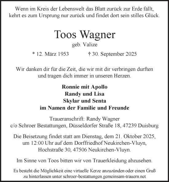 Traueranzeige von Toos Wagner von Tageszeitung