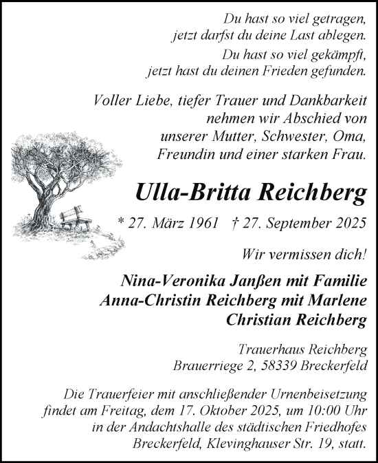 Traueranzeige von Ulla-Britta Reichberg von Tageszeitung