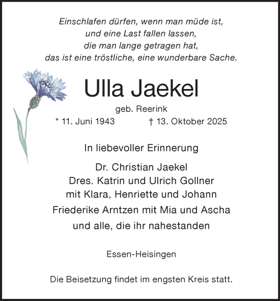 Traueranzeige von Ulla Jaekel von Tageszeitung