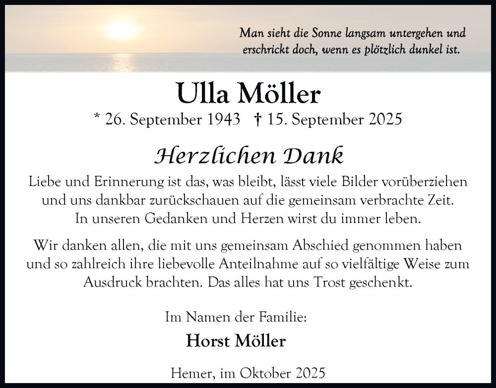  Traueranzeige für Ulla Möller vom 18.10.2025 aus Tageszeitung