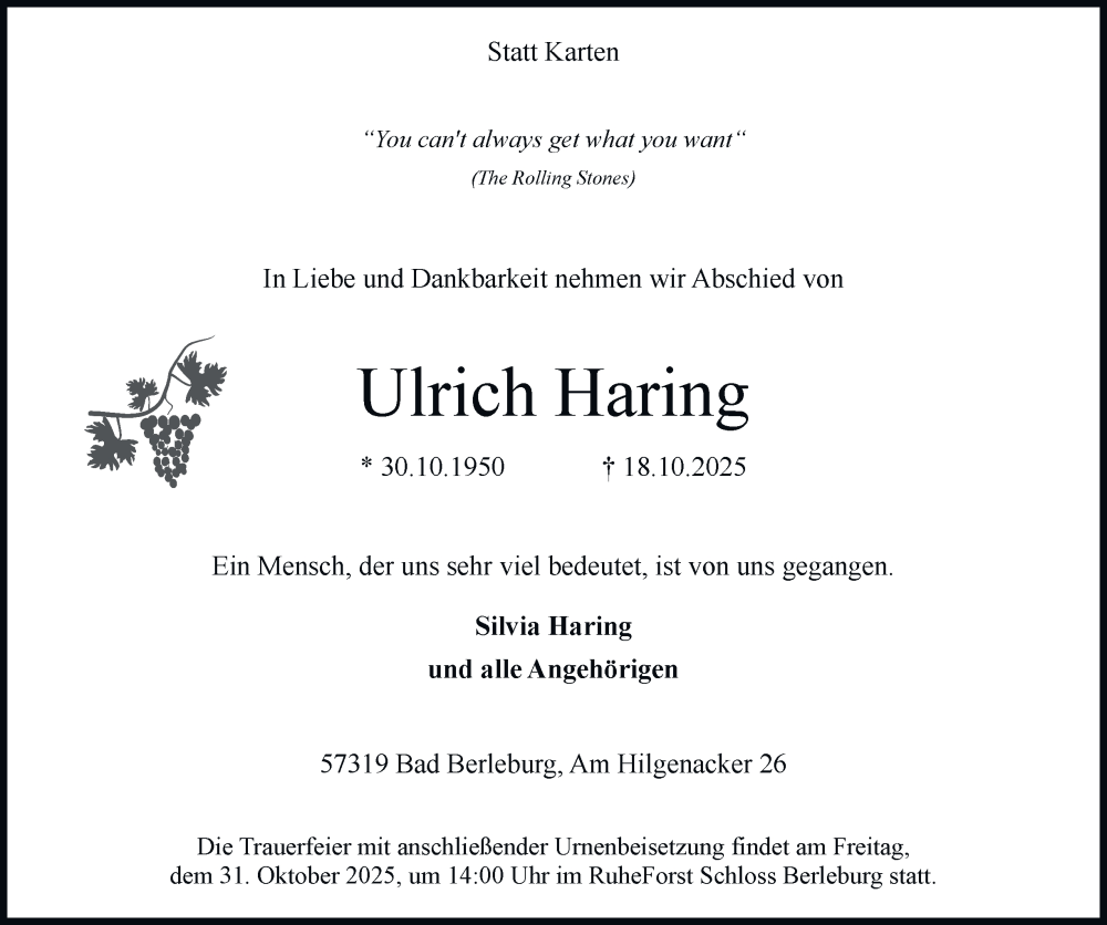  Traueranzeige für Ulrich Haring vom 22.10.2025 aus Tageszeitung