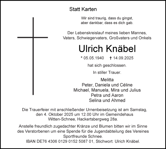 Traueranzeige von Ulrich Knäbel von Tageszeitung