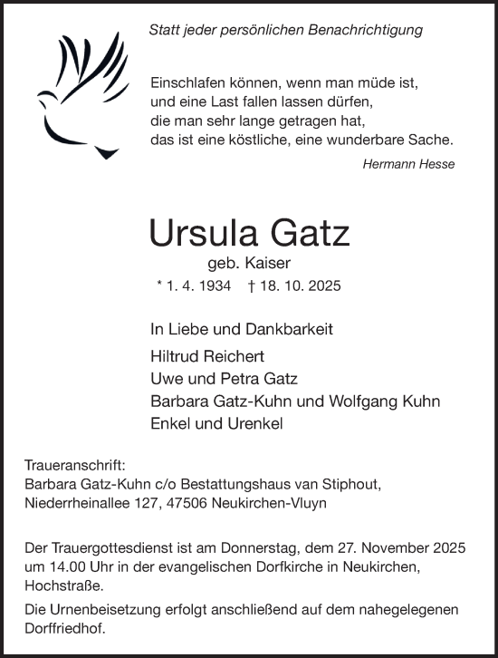Traueranzeige von Ursula Gatz von Tageszeitung