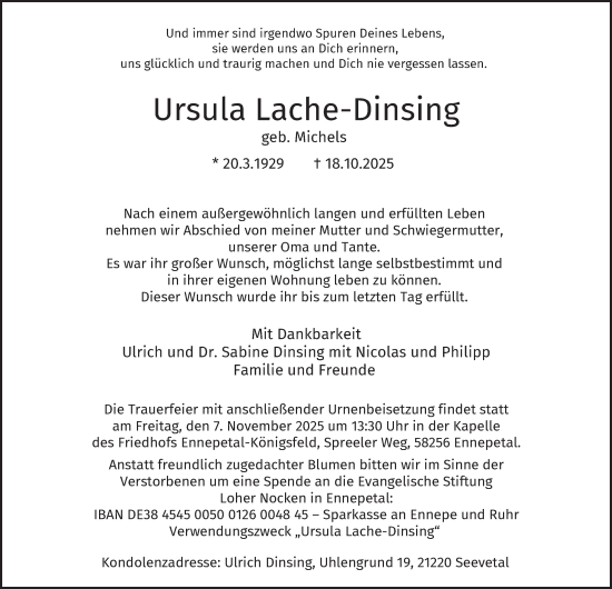 Traueranzeige von Ursula Lache-Dinsing von Tageszeitung