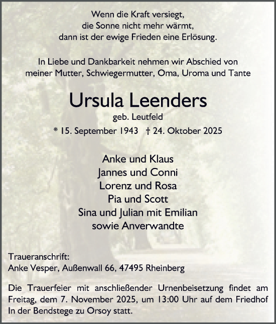 Traueranzeige von Ursula Leenders von Tageszeitung