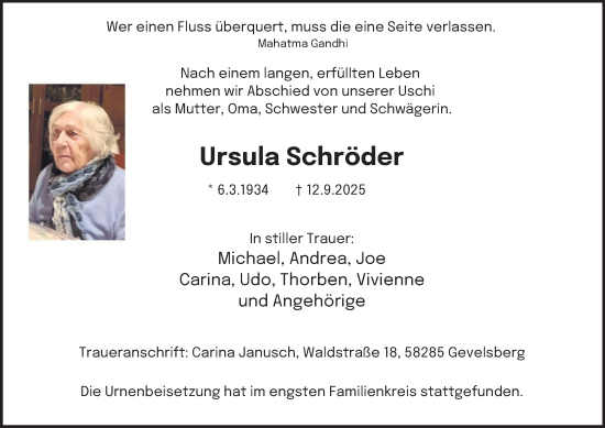 Traueranzeige von Ursula Schröder von Tageszeitung