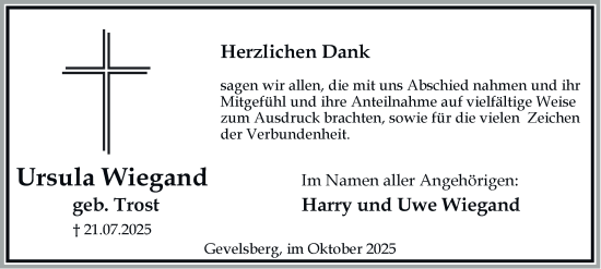 Traueranzeige von Ursula Wiegand von Tageszeitung