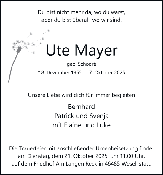 Traueranzeige von Ute Mayer von Tageszeitung