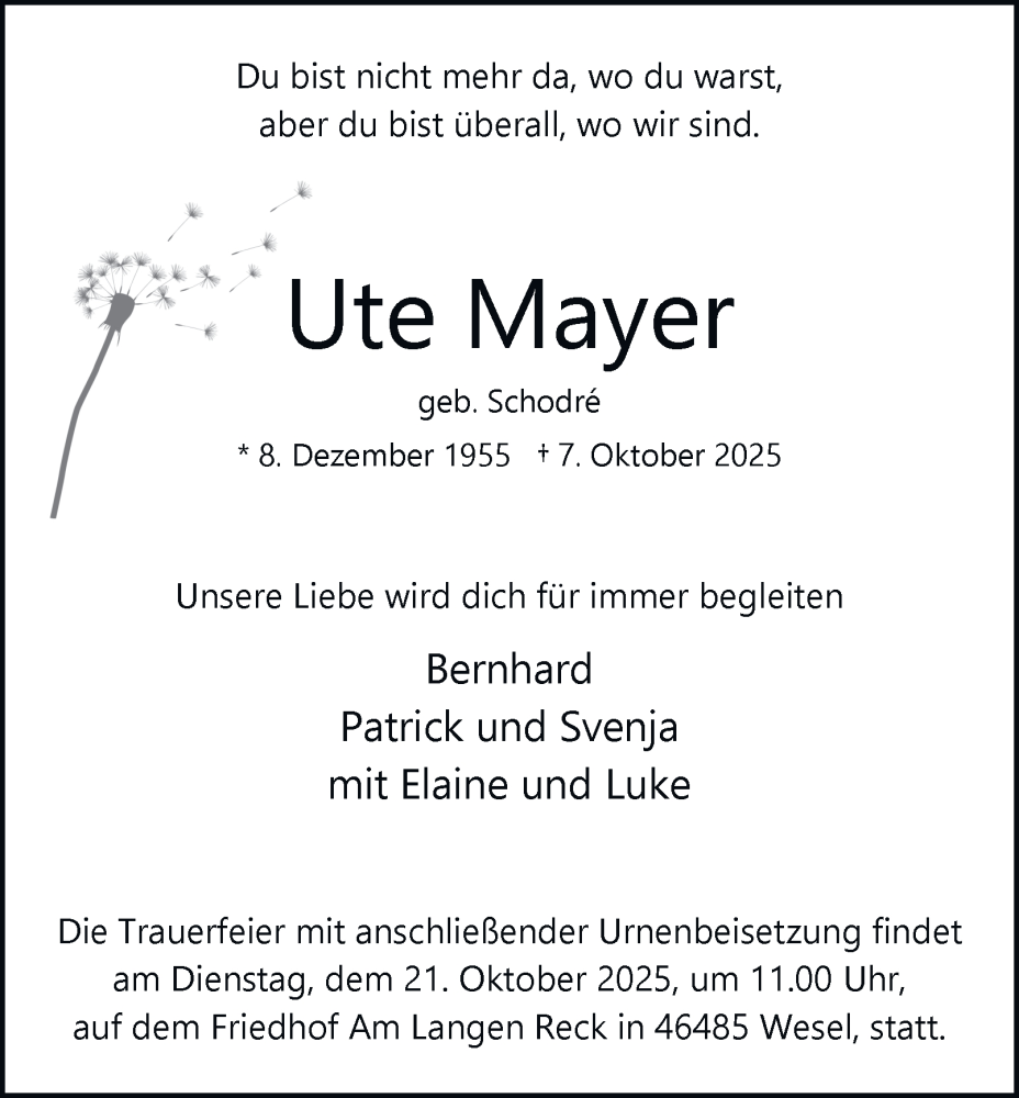  Traueranzeige für Ute Mayer vom 18.10.2025 aus Tageszeitung