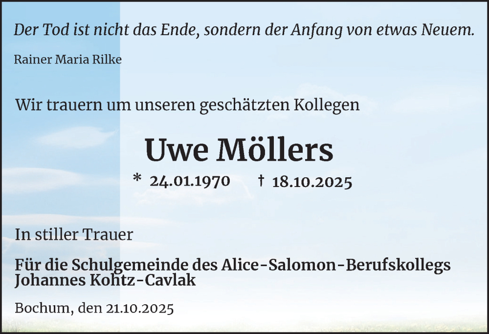  Traueranzeige für Uwe Möllers vom 25.10.2025 aus Tageszeitung