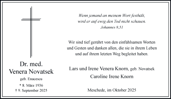 Traueranzeige von Venera Novatsek von Tageszeitung