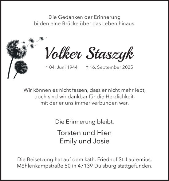 Traueranzeige von Volker Staszyk von Tageszeitung