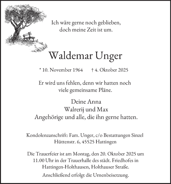 Traueranzeige von Waldemar Unger von Tageszeitung