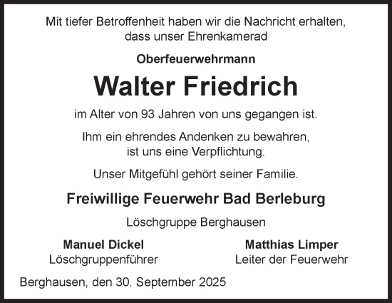 Traueranzeige von Walter Friedrich von Tageszeitung