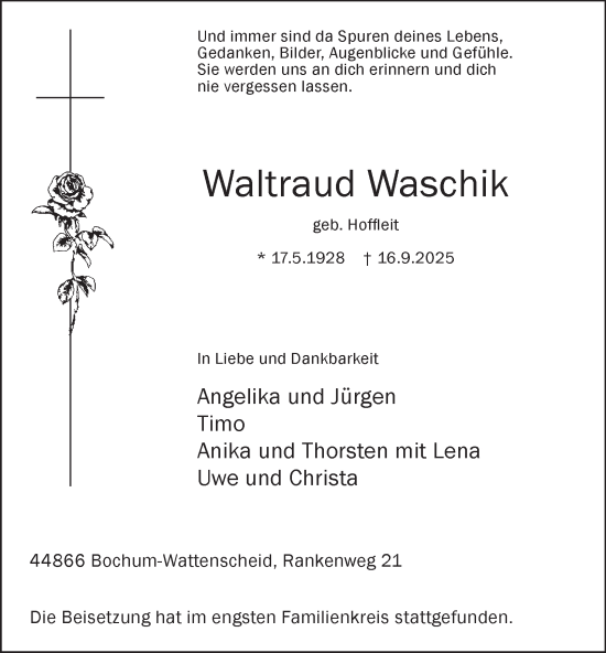 Traueranzeige von Waltraud Waschik von Tageszeitung