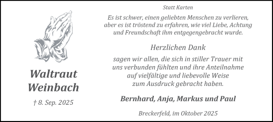 Traueranzeige von Waltraut Weinbach von Tageszeitung