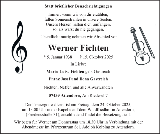 Traueranzeige von Werner Fichten von Tageszeitung