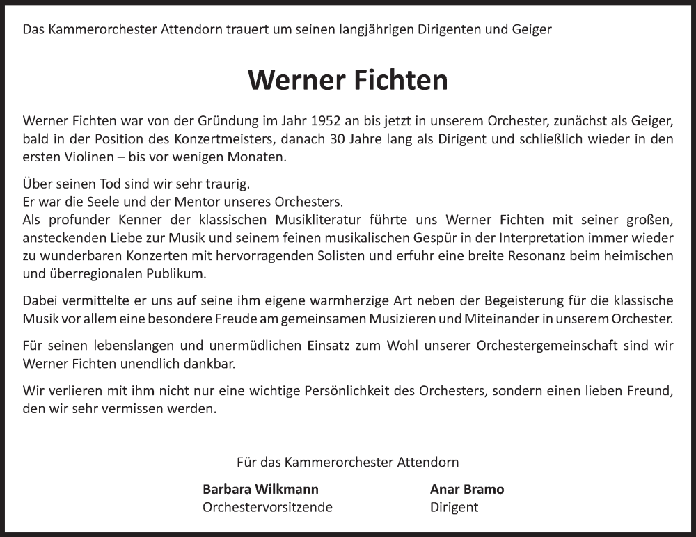  Traueranzeige für Werner Fichten vom 25.10.2025 aus Tageszeitung