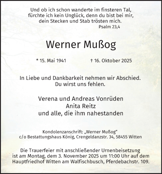 Traueranzeige von Werner Mußog von Tageszeitung