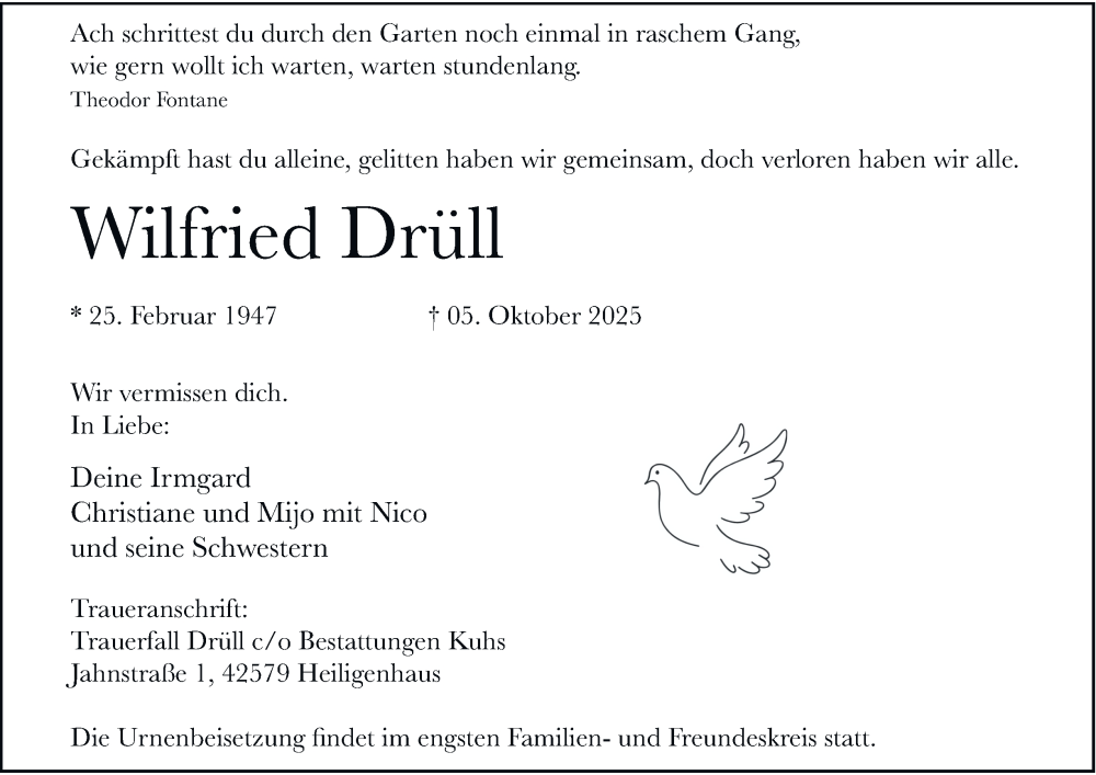  Traueranzeige für Wilfried Drüll vom 18.10.2025 aus Tageszeitung