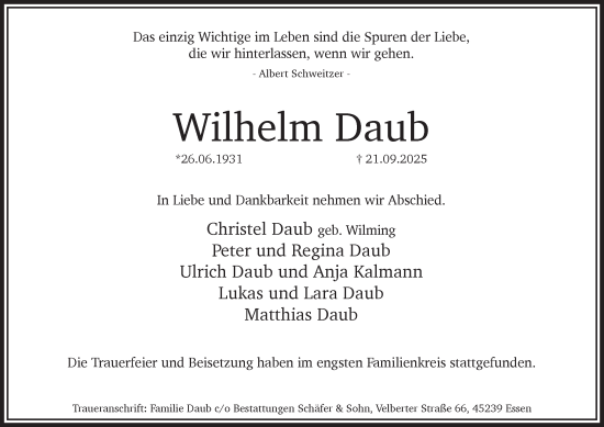 Traueranzeige von Wilhelm Daub von Tageszeitung