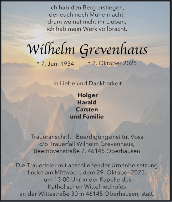 Traueranzeige von Wilhelm Grevenhaus von Tageszeitung