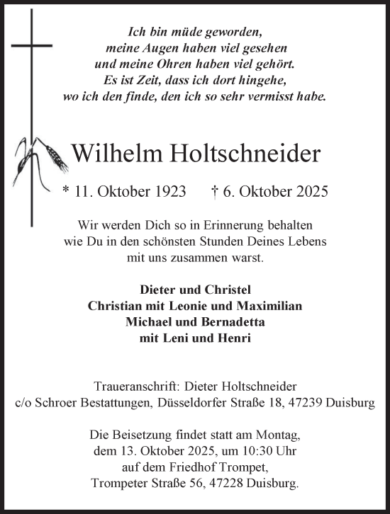 Traueranzeige von Wilhelm Holtschneider von Tageszeitung