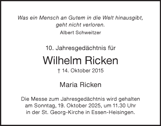 Traueranzeige von Wilhelm Ricken von Tageszeitung