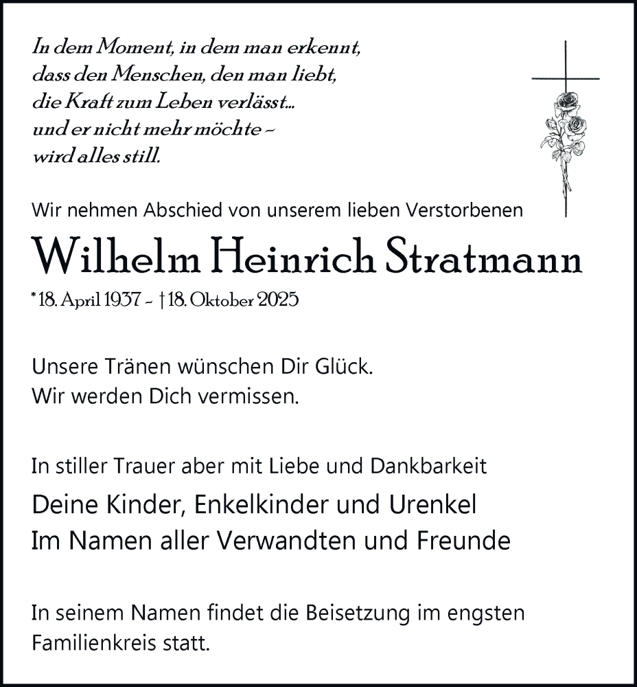  Traueranzeige für Wilhelm Heinrich Stratmann vom 25.10.2025 aus Tageszeitung