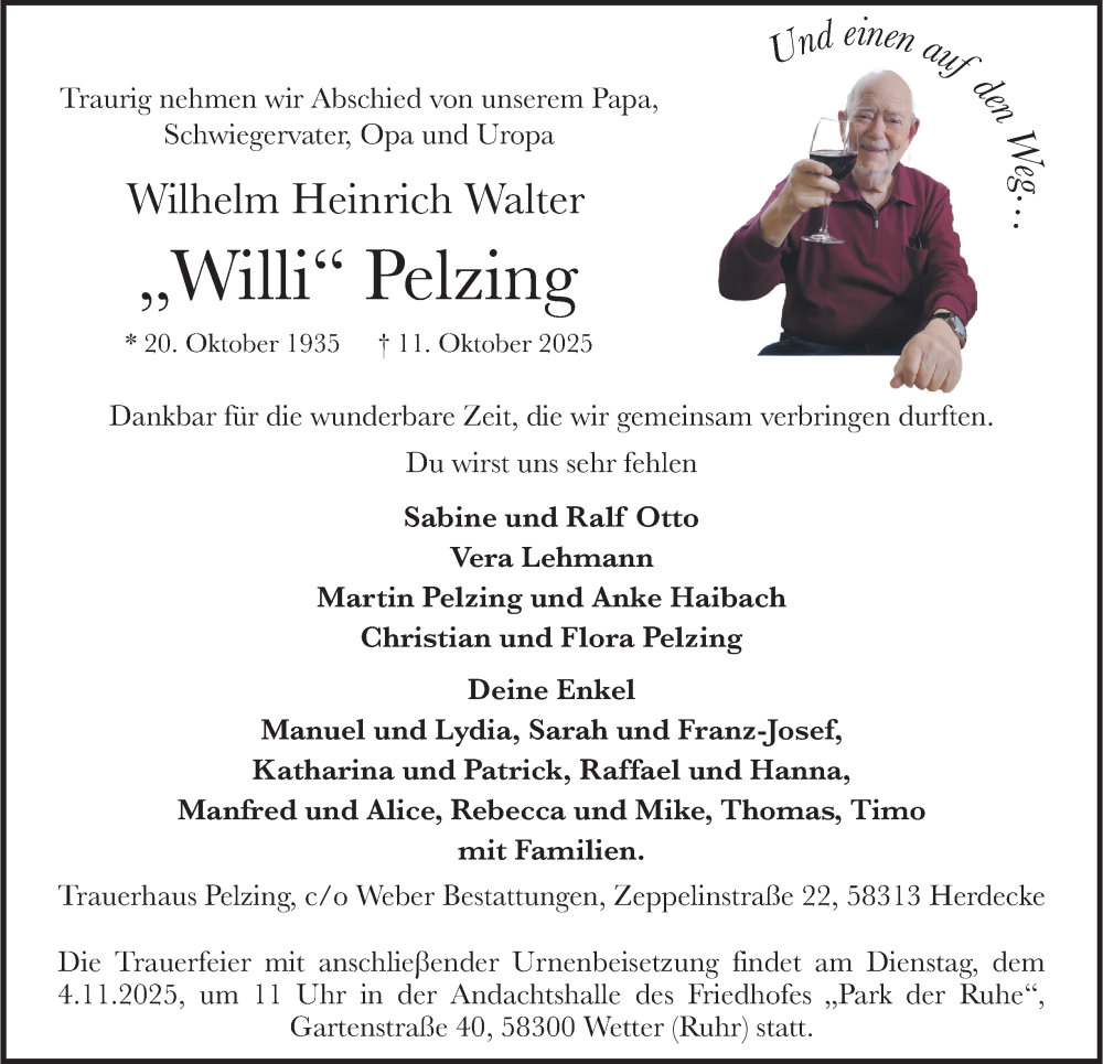  Traueranzeige für Wilhelm Heinrich Walter Pelzing vom 25.10.2025 aus Tageszeitung