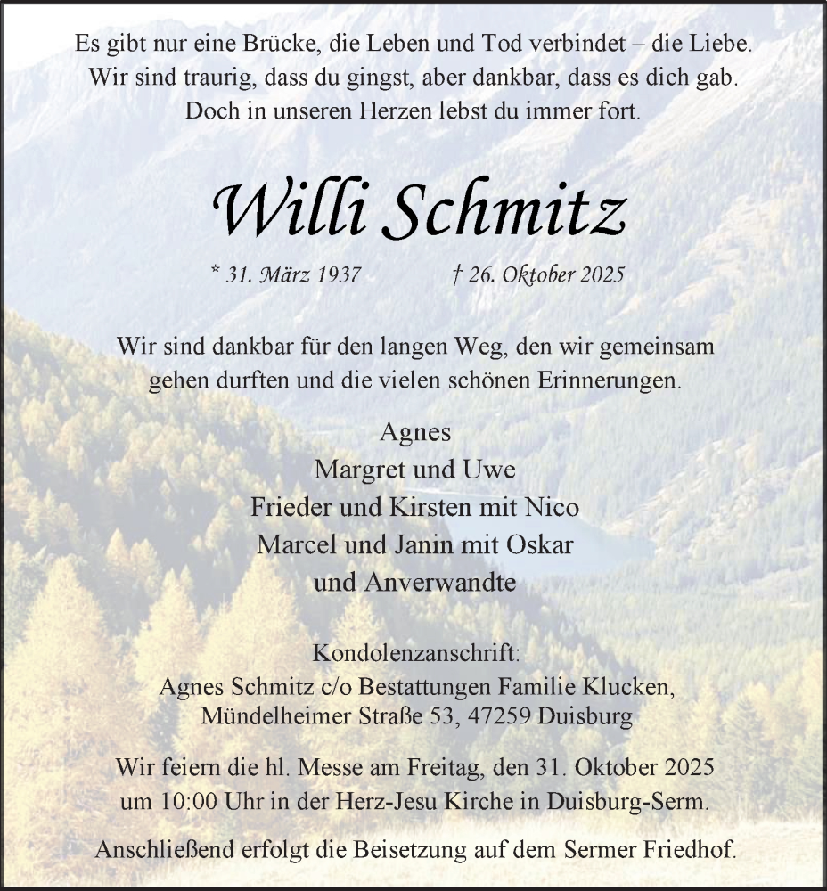  Traueranzeige für Willi Schmitz vom 29.10.2025 aus Tageszeitung