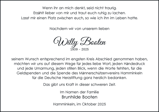 Traueranzeige von Willy Booten von Tageszeitung
