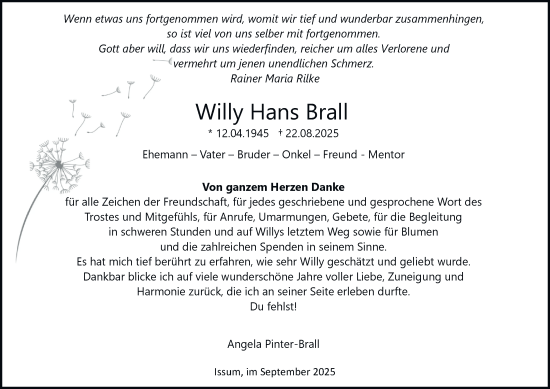 Traueranzeige von Willy Hans Brall von Tageszeitung