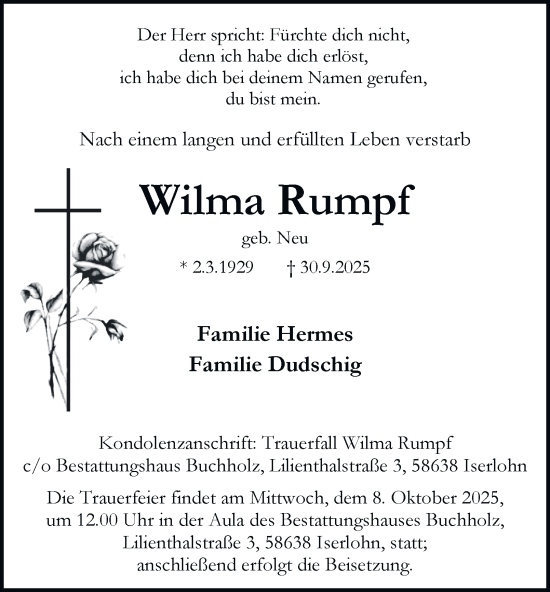 Traueranzeige von Wilma Rumpf von Tageszeitung