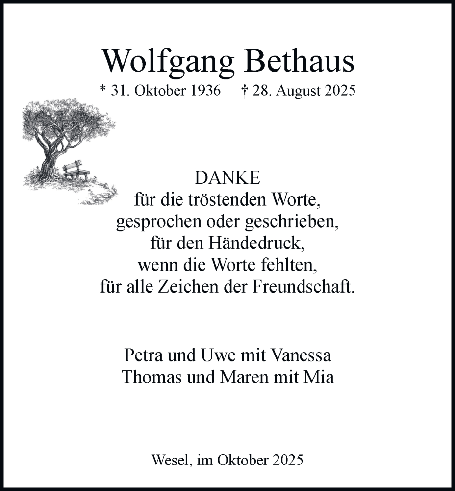  Traueranzeige für Wolfgang Bethaus vom 18.10.2025 aus Tageszeitung