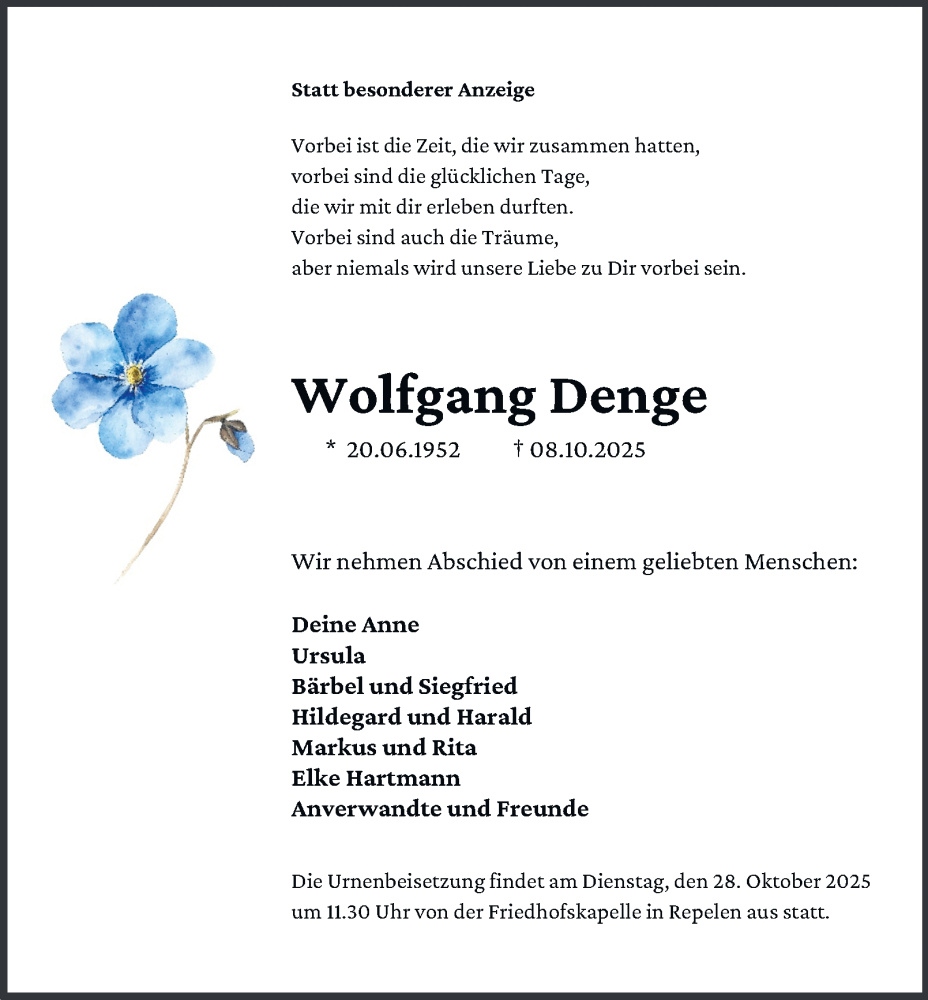  Traueranzeige für Wolfgang Denge vom 18.10.2025 aus Tageszeitung