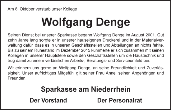Traueranzeige von Wolfgang Denge von Tageszeitung