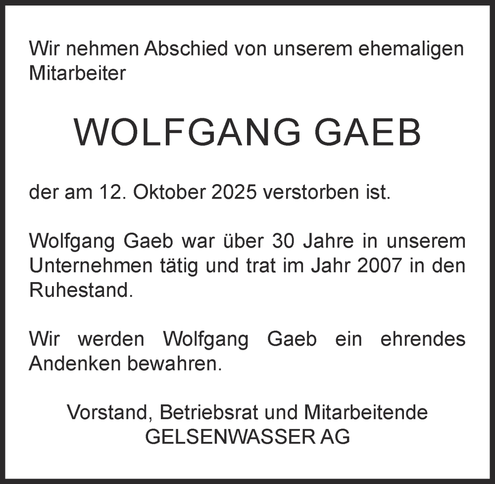  Traueranzeige für Wolfgang Gaeb vom 25.10.2025 aus Tageszeitung