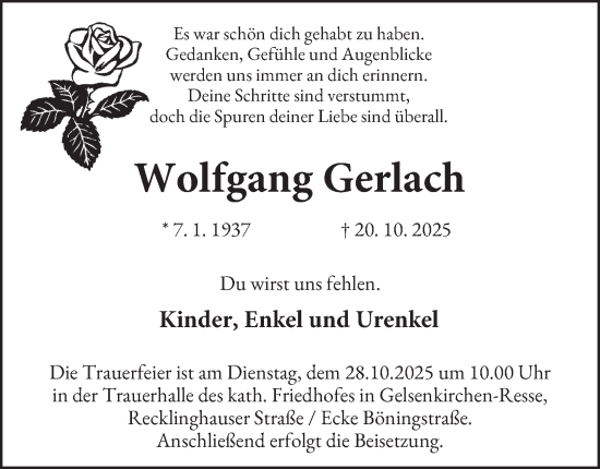 Traueranzeige von Wolfgang Gerlach von Tageszeitung