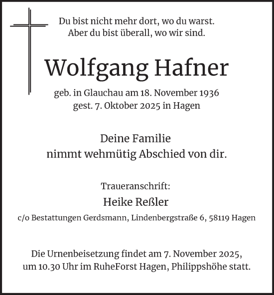 Traueranzeige von Wolfgang Hafner von Tageszeitung