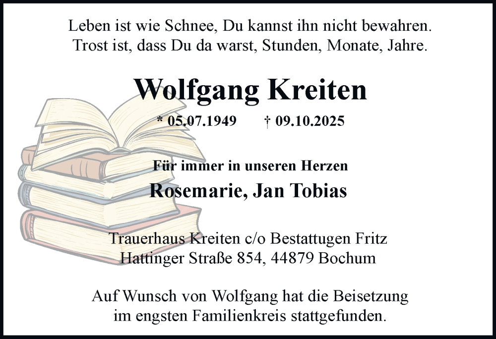  Traueranzeige für Wolfgang Kreiten vom 25.10.2025 aus Tageszeitung