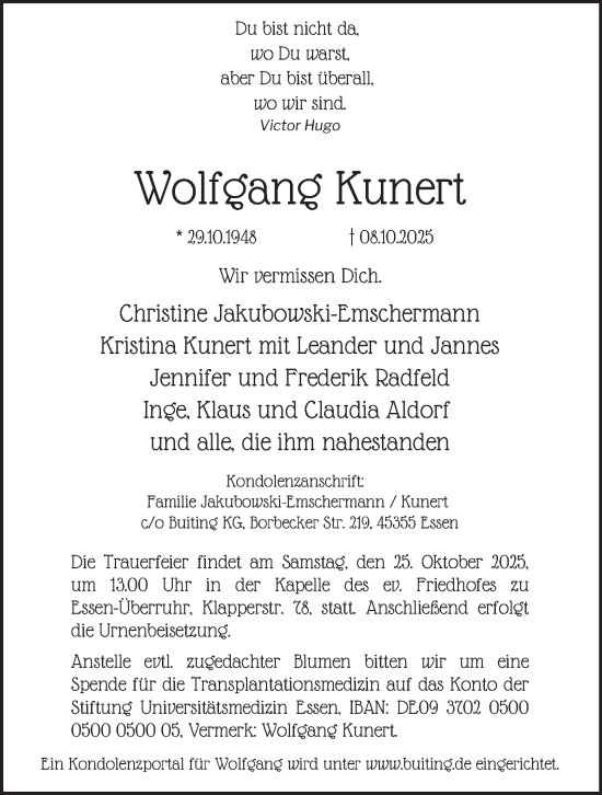 Traueranzeige von Wolfgang Kunert von Tageszeitung