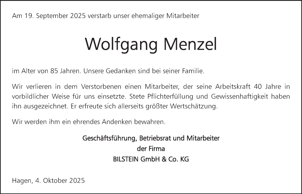  Traueranzeige für Wolfgang Menzel vom 04.10.2025 aus Tageszeitung