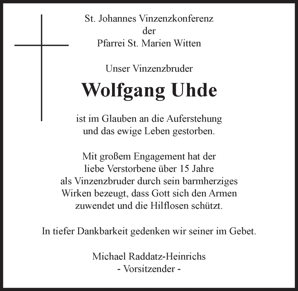  Traueranzeige für Wolfgang Uhde vom 01.11.2025 aus Tageszeitung