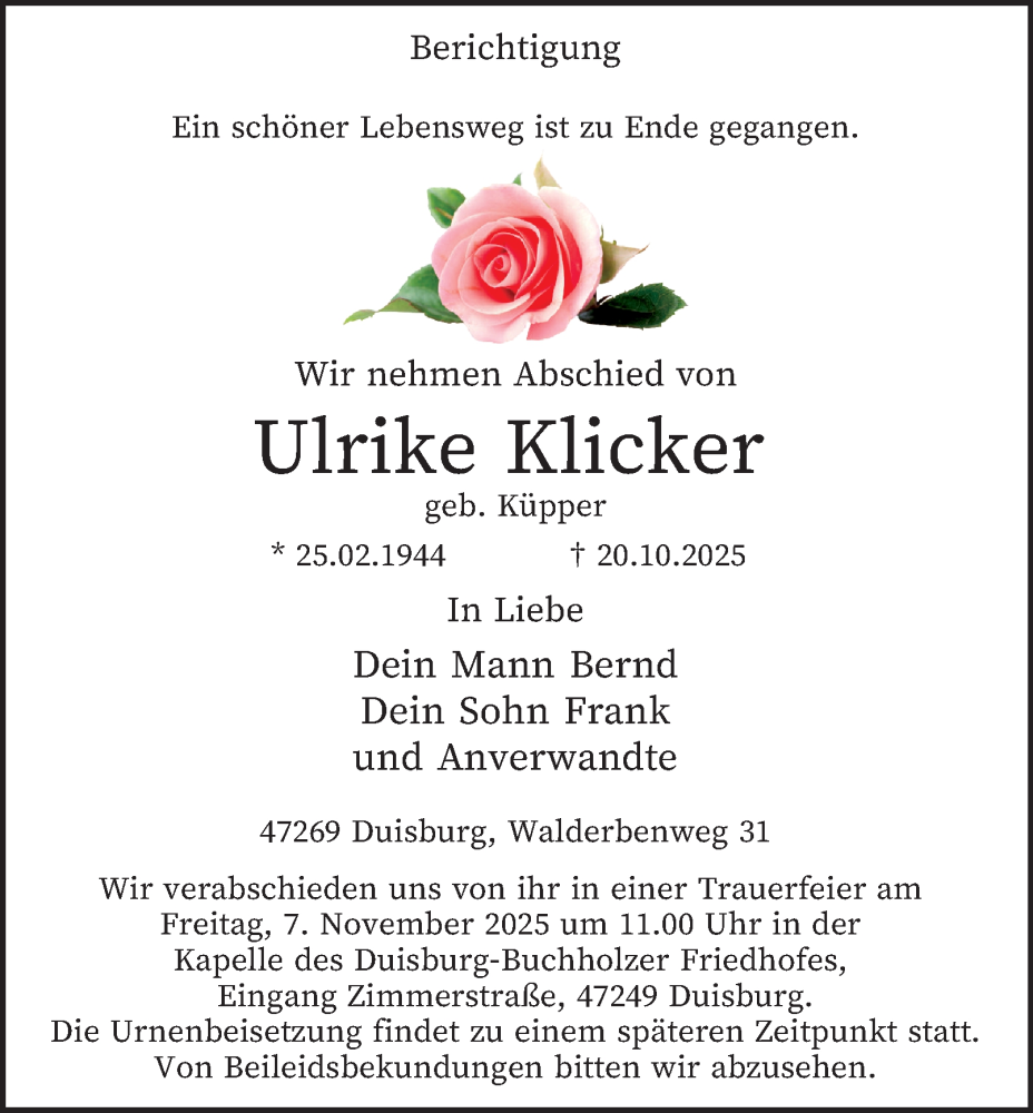  Traueranzeige für Ulrike Klicker vom 01.11.2025 aus Tageszeitung