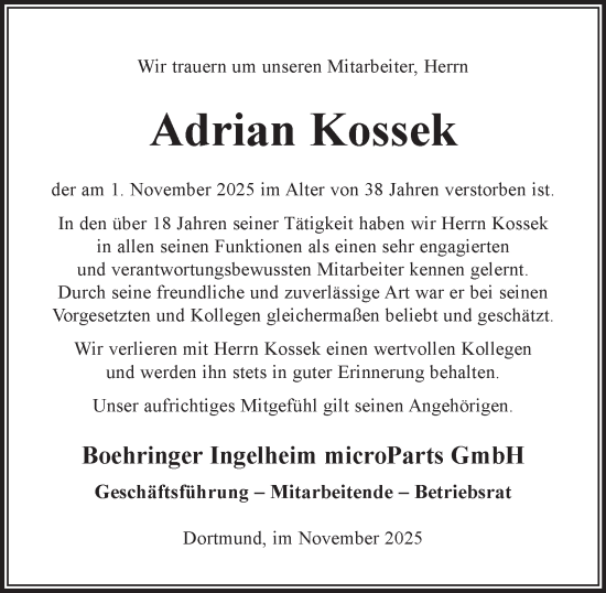 Traueranzeige von Adrian Kossek von Tageszeitung