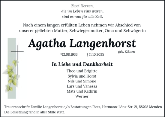 Traueranzeige von Agatha Langenhorst von Tageszeitung
