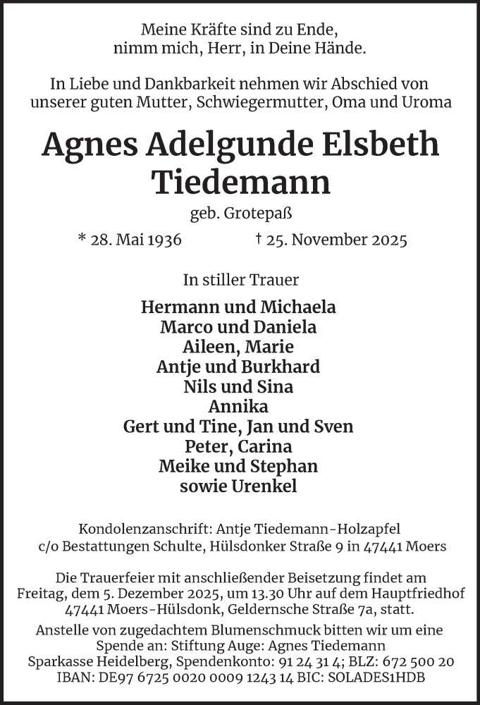  Traueranzeige für Agnes Adelgunde Elsbeth Tiedemann vom 29.11.2025 aus Tageszeitung