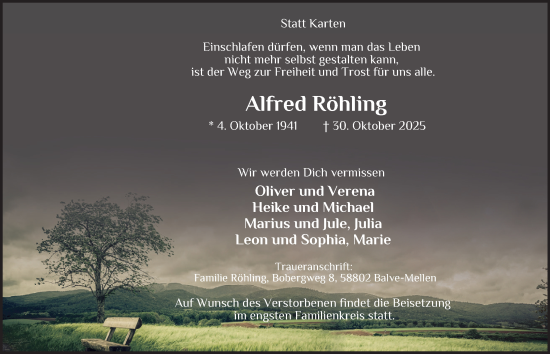 Traueranzeige von Alfred Röhling von Tageszeitung