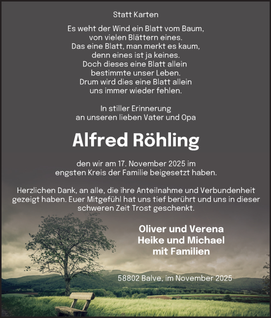 Traueranzeige von Alfred Röhling von Tageszeitung